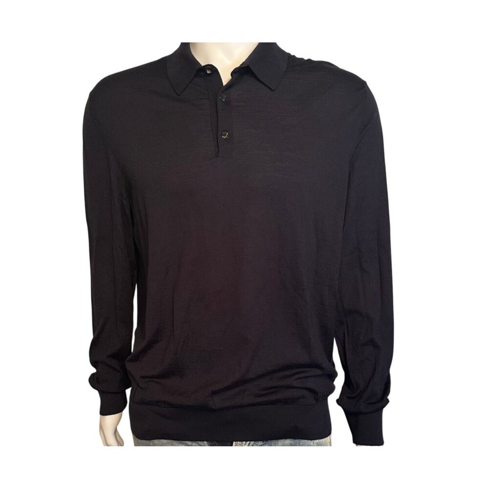Ermenegildo Zegna Merino Wool Jersey Polo Shirt IT 56 Midnight Blue Long-Sleeve